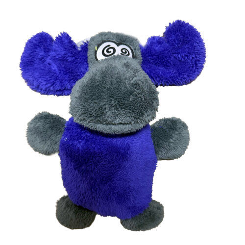 Soft plush monster toy with a gray body, bright blue ears, and large spiral eyes looking upward.
