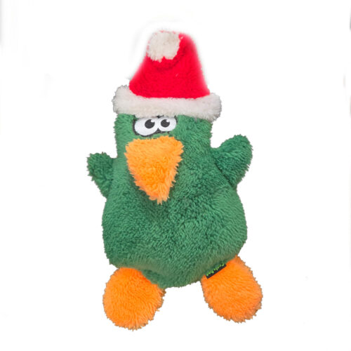 Green plush duck wearing a red Santa hat with white trim, orange beak and orange feet on a white background