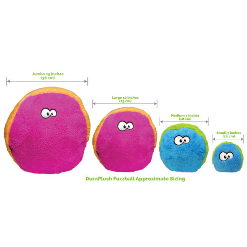 Size guide showing four fuzzy balls from largest to smallest with arrows and labels: Jumbo 15 inches, Large 10 inches, Medium 7 inches, Small 5 inches (38 cm, 25 cm, 18 cm, 12 cm).