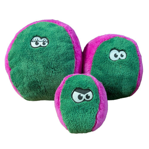 Three green plush frog toys with pink edges and cartoon eyes set against a white background.