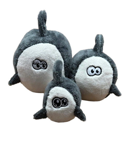Two gray plush stuffed animals with white faces and big cartoon eyes stacked together against a white background.