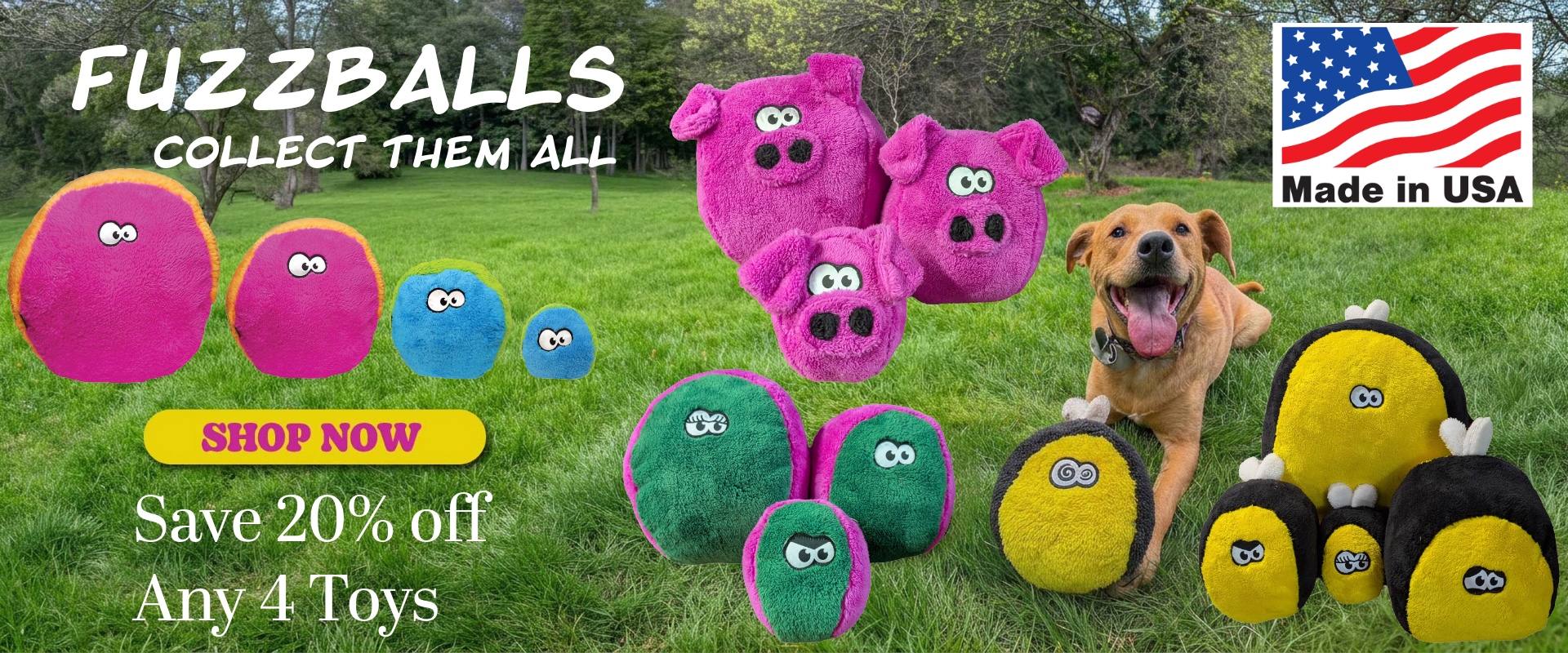 Untitled - July 13 2026 at 113359-2 - Cycle Dog-Earth Friendly Pet Company Colorful fuzzball plush toys scattered on a green lawn with a happy dog, a yellow 'Shop Now' button, and a Made in USA badge on the corner.