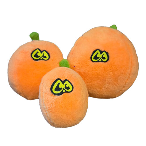 Soft orange plush oranges with green stems and a black-yellow logo on the front, clustered together as a toy set
