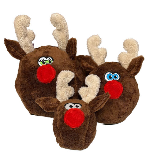 Three brown plush reindeer stuffed animals with red noses and beige antlers.